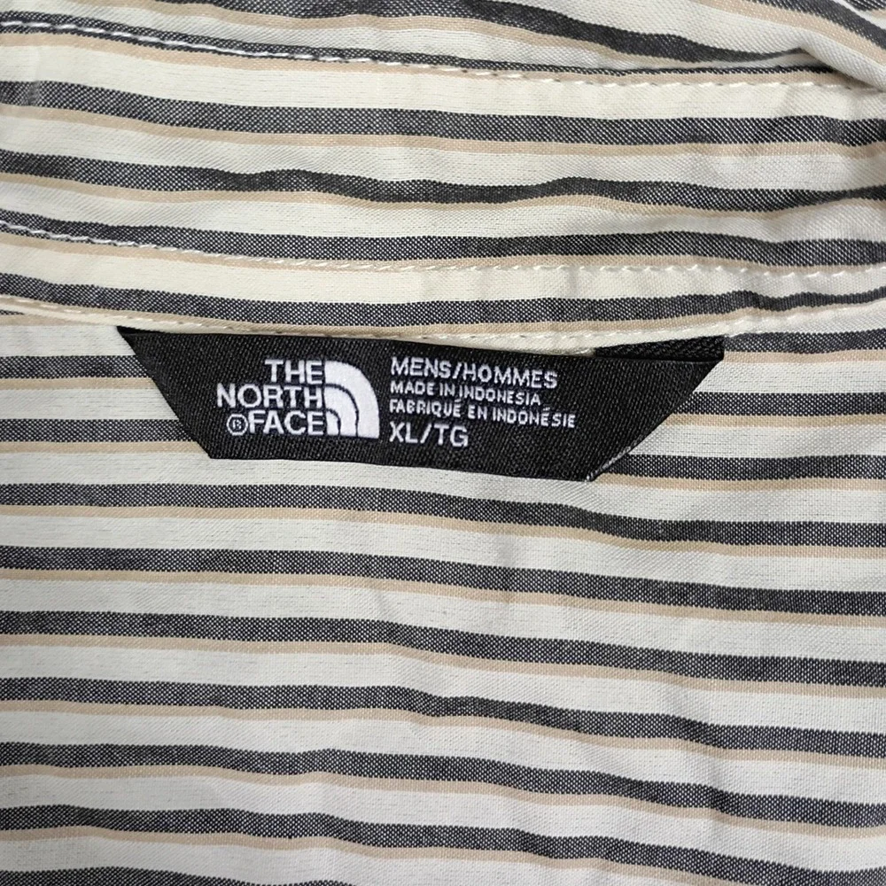 The North Face Mens XL Striped Short Sleeve Button Down Shirt Tan Black White‎